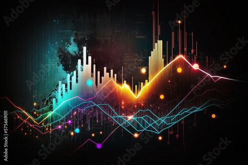 Tech Financials  Stock Illustration of Market Chart Lines in neon colors. Ai generated.