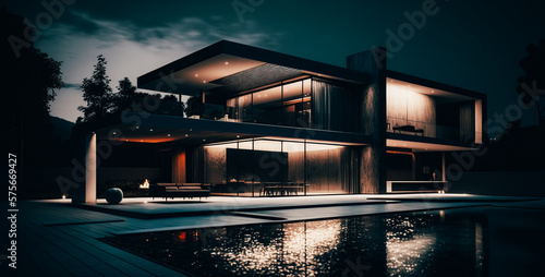 modern luxury house with swimming pool and marble terrace in the night time