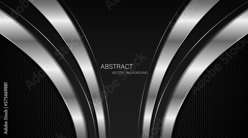 Abstract black and silver curves with silver lines on dark steel mesh background. with free space for design. modern technology innovation concept background
