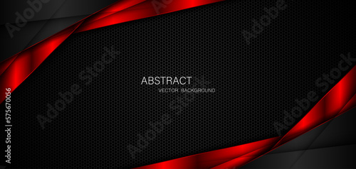 Abstract black and red polygon with red glow lines on dark steel mesh background with free space for design. modern technology innovation concept background
