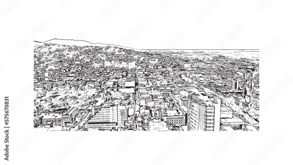 Building view with landmark of Port of Spain is the 
capital in Trinidad and Tobago. Hand drawn sketch illustration in vector.