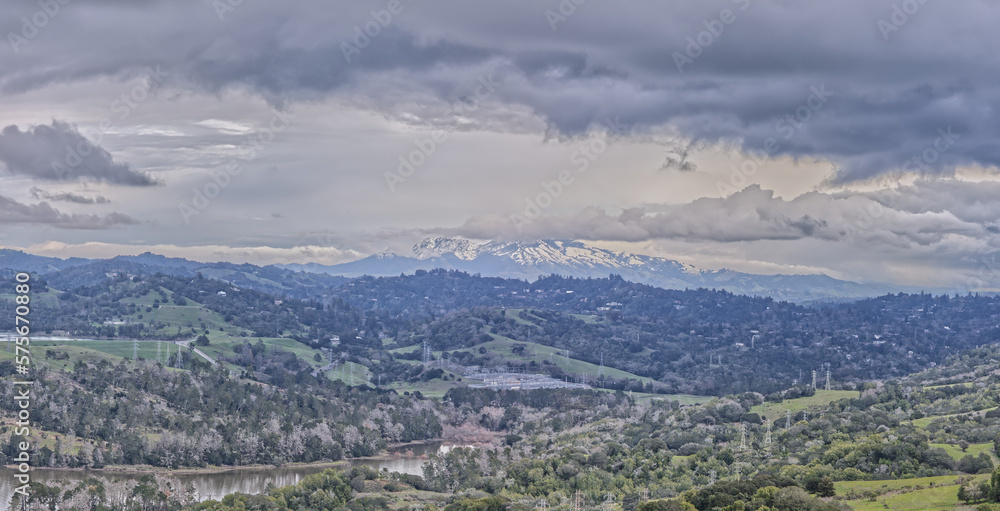 Panorama of Mount Diablo Covered in Rare Snow Behind Tilden Regional Park on Overcast Day