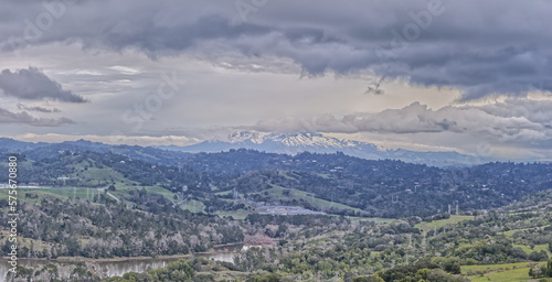 Panorama of Mount Diablo Covered in Rare Snow Behind Tilden Regional Park on Overcast Day