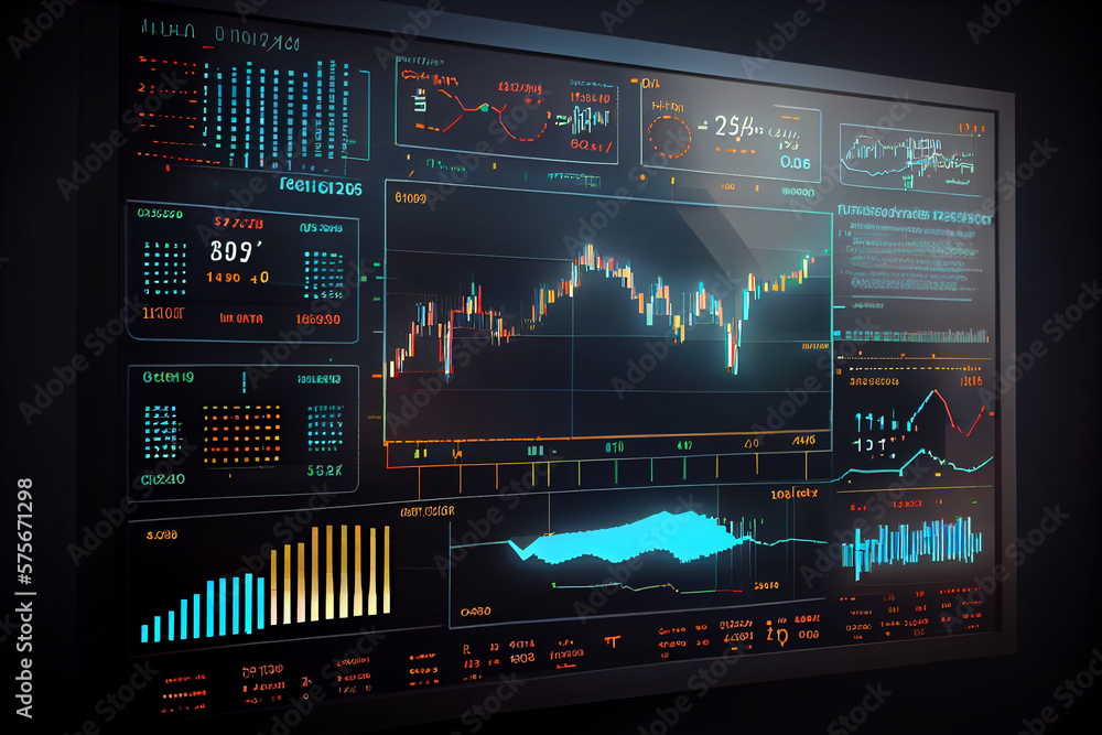 Fototapeta premium Forex chart with statistic data and market quotes on digital screen, investing and stock market, created with Generative Ai
