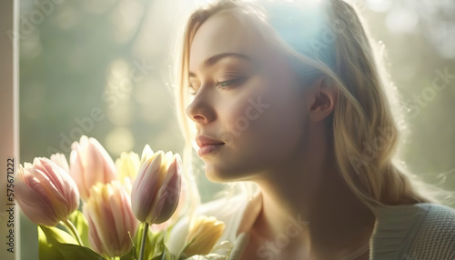 Attractive blondy woman with spring tulip flowers bouquet. AI generative image.