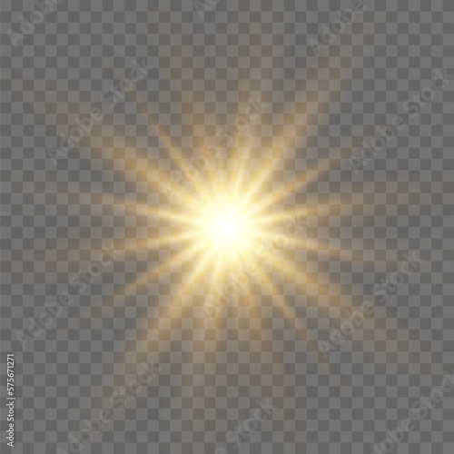 Bright Star. The star burst with brilliance. Yellow glowing light explodes on a transparent background. Golden Light effect. A flash of sunshine with rays. Yellow sun rays.