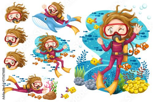 Bundle set of Young woman scuba diver diving under the sea