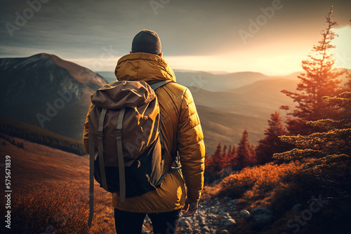 Outdoor Adventure: Illustration of a Man Hiking. AI generated.