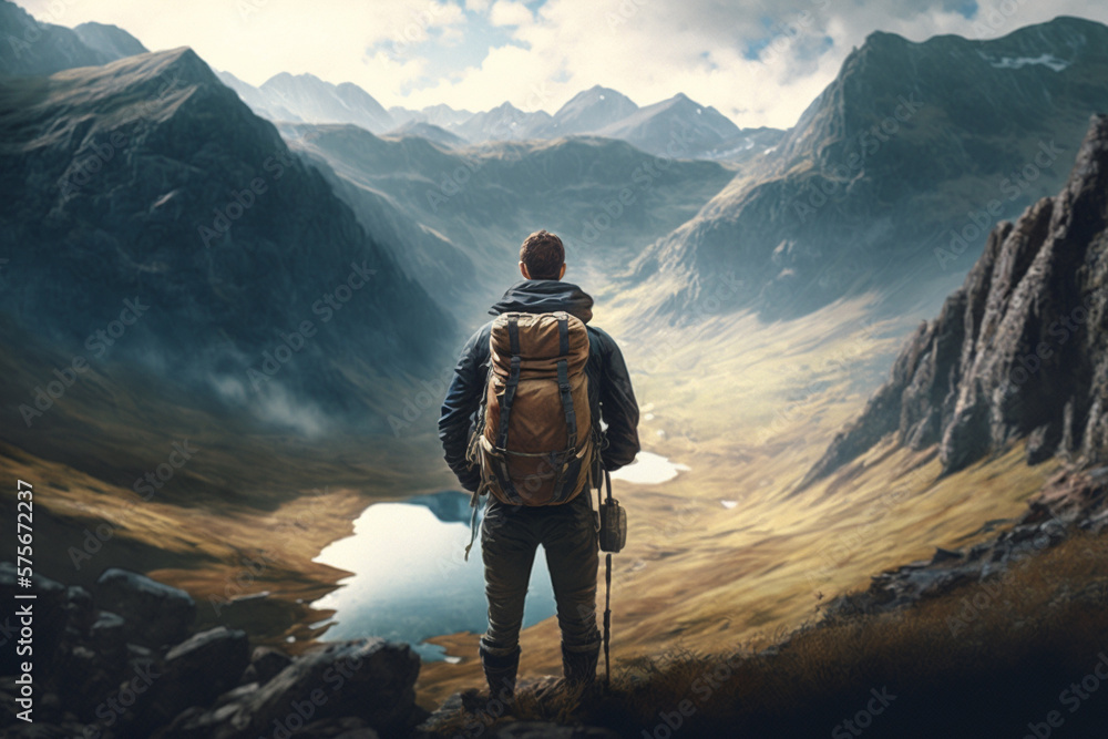 Fototapeta premium Outdoor Adventure: Illustration of a Man Hiking. AI generated.