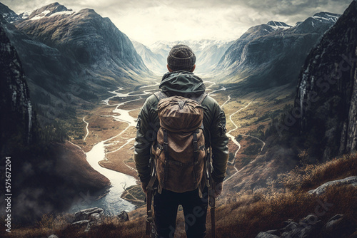 Outdoor Adventure: Illustration of a Man Hiking. AI generated. © ankreative