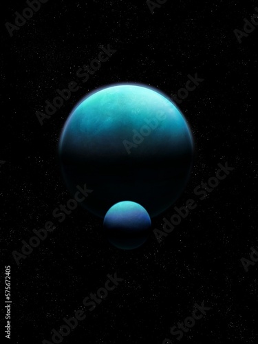 Satellite of a distant exoplanet, sci-fi background. Earth-like planet next to its moon. Rocky planet in space against the background of stars.