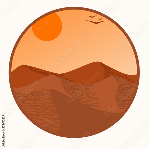 Desert landscape with a sun and sandy.Desert dunes background.Abstract vector background with dramatic desert dunes and sunset.