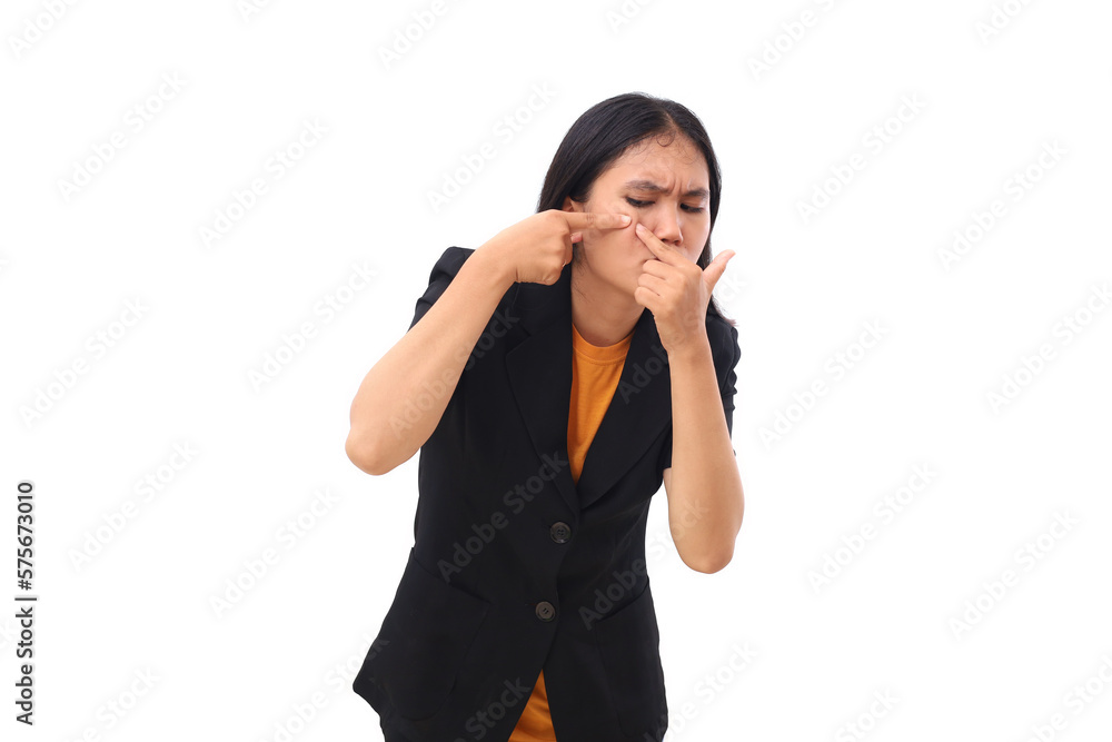 Young asian business woman is irritated with her pimples. Isolat Young asian business woman is irritated with her pimples. Isolat