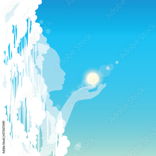 Mirage girl in the clouds. The bright sun in the hand symbolizes Zen. Surrealism, silhouette. vector illustration