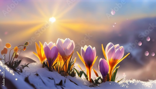 Spring flowers on melting snow. Bright crocus blossoms. The end of winter. Based on Generative AI © Yeti Studio