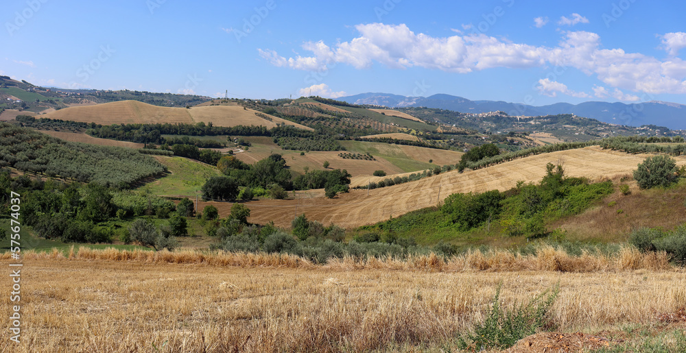 View of a southern landscape with mountains in the background in Abruzzo in Italy in summer