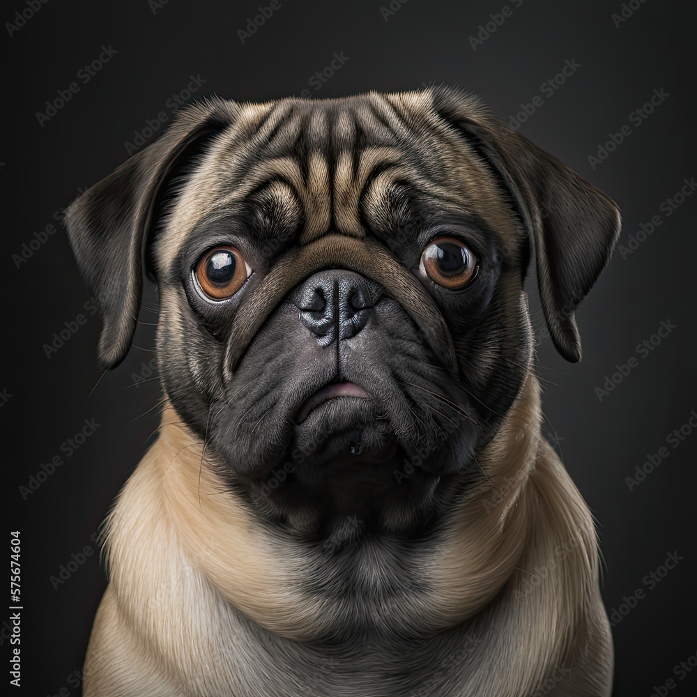 Portrait of a pug dog on dark background.