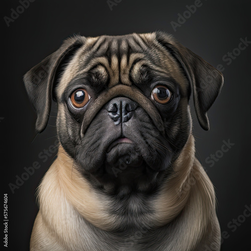 Portrait of a pug dog on dark background.