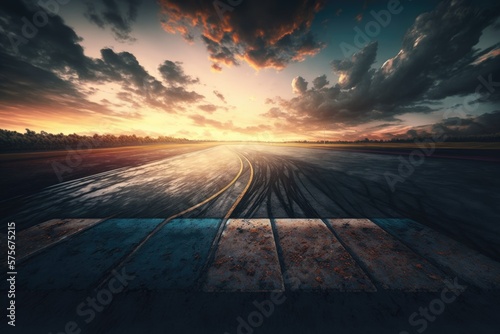 Sunset over a racetrack with a square of asphalt and a gorgeous cloudy sky. Generative AI