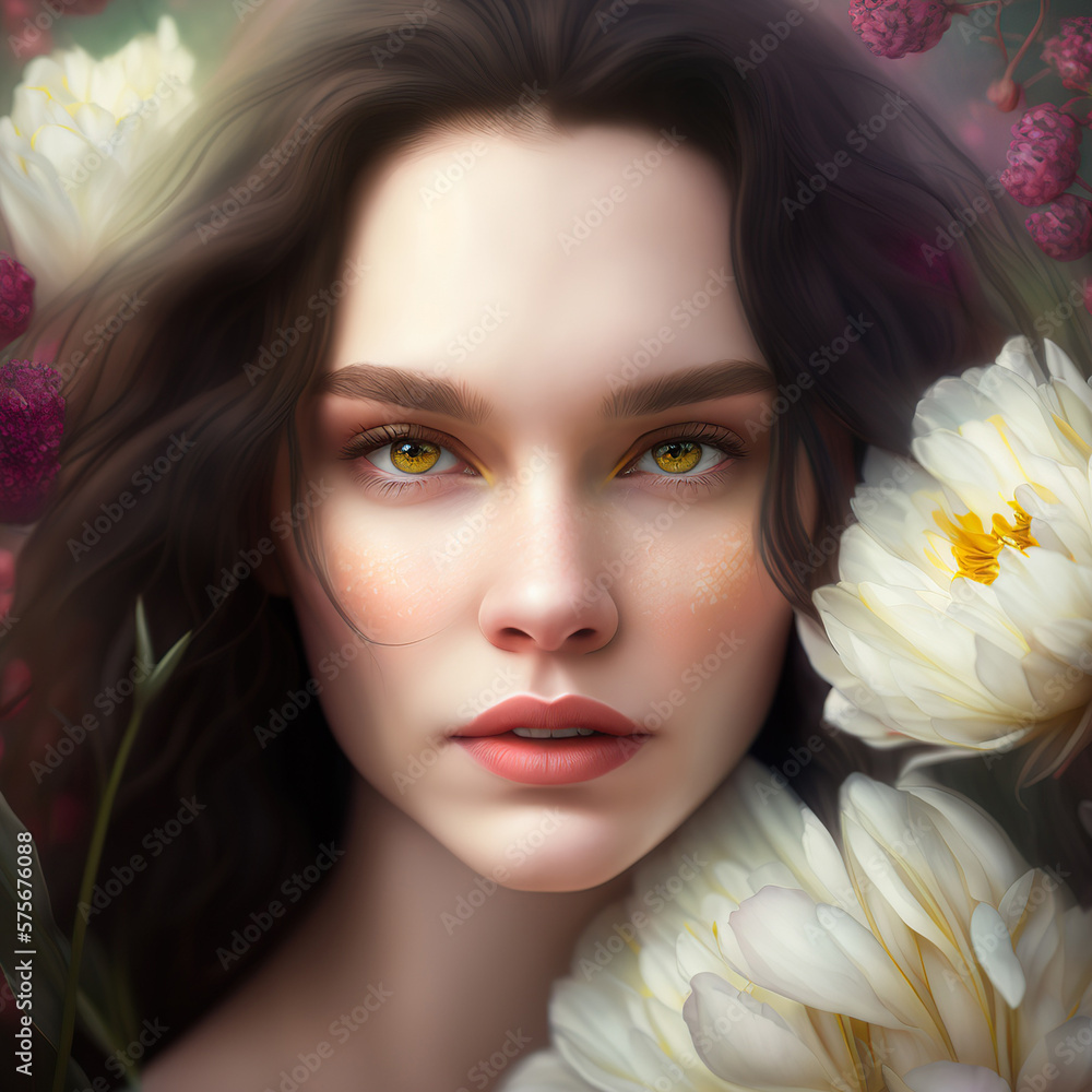 Portrait of beautiful attractive young woman with spring nature flowers on the background. Horizontal banner outdoor backdrop. AI generative image. Portrait of beautiful attractive young woman with spring nature flowers on the background. Horizontal banner outdoor backdrop. AI generative image.