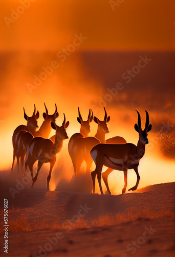 Herd of antelopes runs in the rays of sunset. AI generated