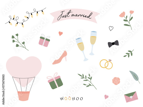 Wedding items just married set. Vector illustration in a flat hand-drawn style. Elements for a greeting card, a invitation or a wedding decor