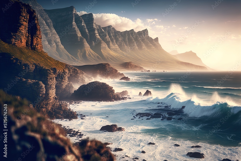 Fototapeta premium Cape Town, South Africa's craggy coastline and crashing waves make for a breathtaking landscape image. Generative AI
