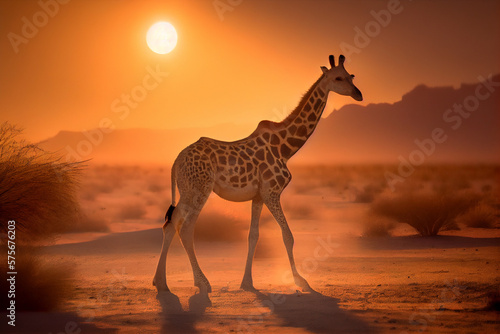 A giraffe stands in the rays of the sunset. AI generated