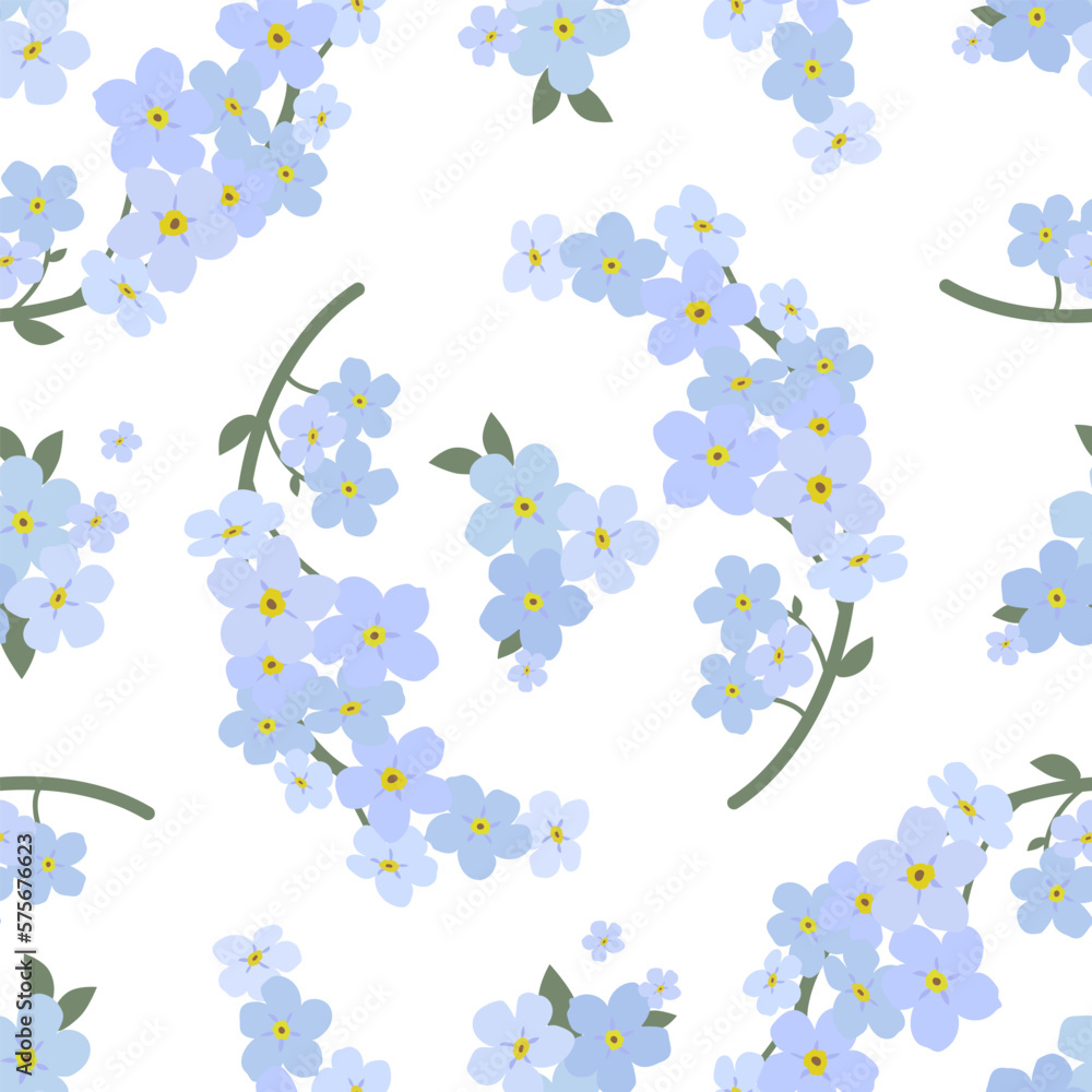 Branch of little blue flowers on a white background. Seamless vector pattern.