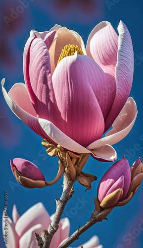 Vibrant Pink Magnolia Bloom in Macro Detail Against Blue Sky (created with Generative AI)