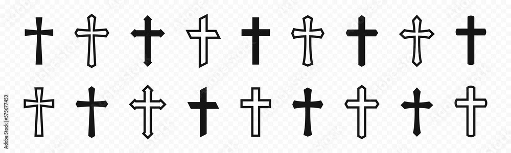 Christian cross icon collection. Christianity symbol set. Flat black christian cross icons. Christian cross different shapes. Vector graphic