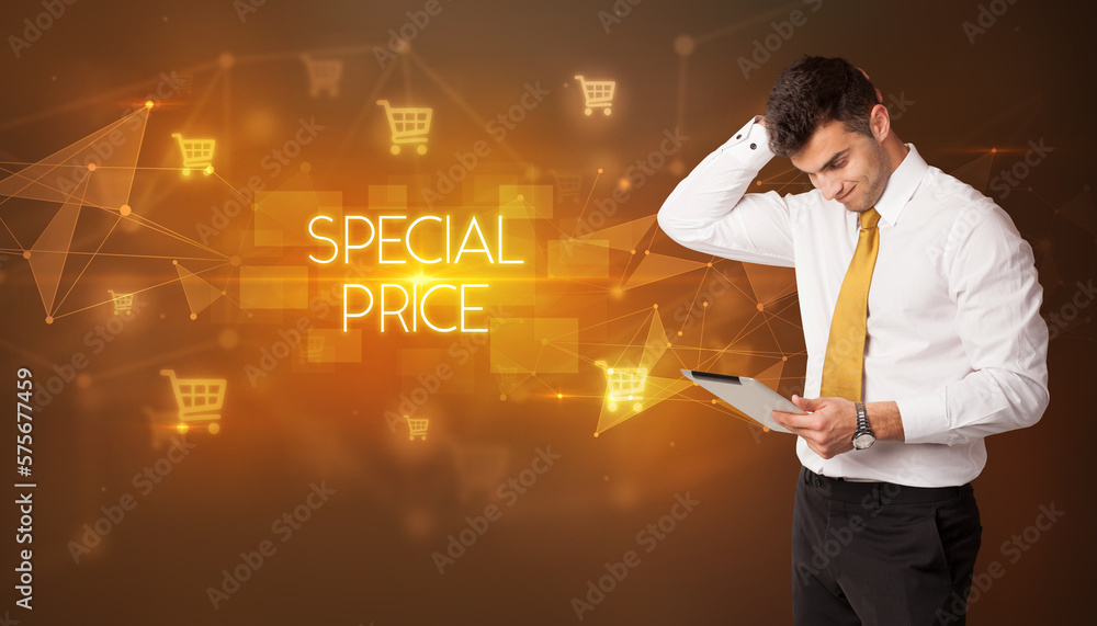 Businessman thinking about shopping concept Businessman thinking about shopping concept