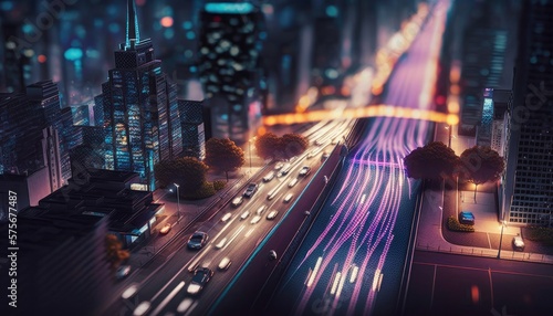 night modern city with traffic light in bird eyes view   Generative AI