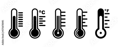 Set of  thermometer vector icons on white background. Black temperature sign. Scale with Celsius and Fahrenheit.