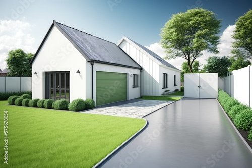 On a bright, sunny day in a contemporary suburban neighborhood, a new residential dwelling cottage and attached garage stand in a spacious, paved yard enclosed by a fence. Property and its conceptuali