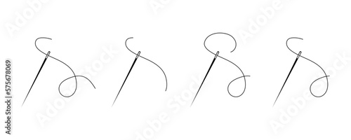 Set of needle with thread vector icons. Black silhouette with sewing needle. Vector 10 Eps.