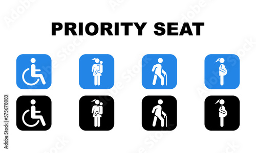 Set of blue and black priority seat vector signs. Priority seating for disability, pregnant woman, elderly person. Vector 10 Eps.
