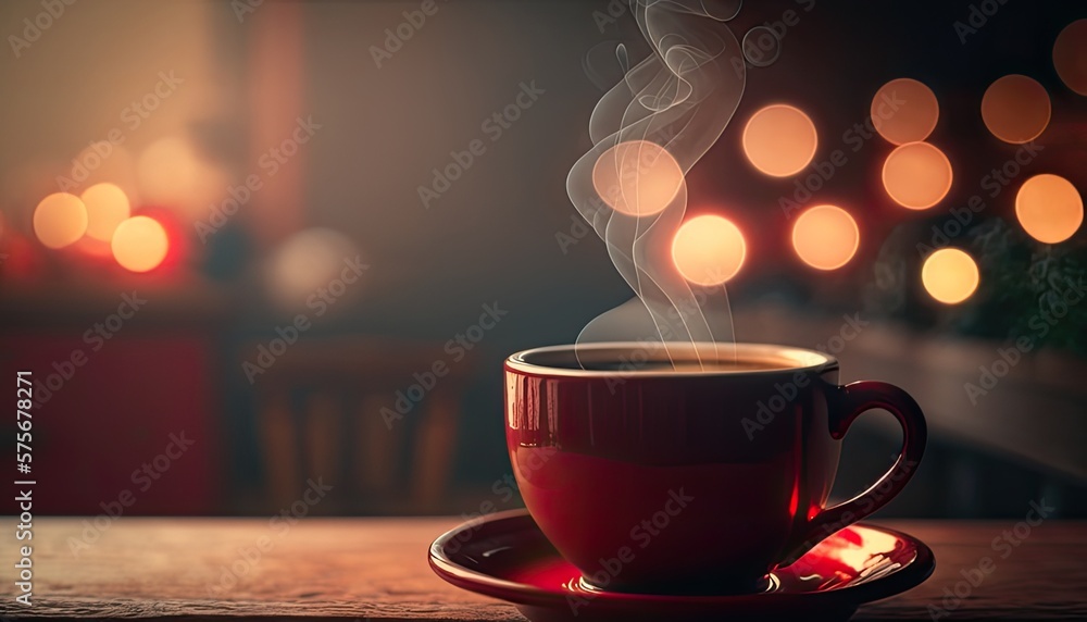 Obraz premium red coffee cup on wood table , Generative AI