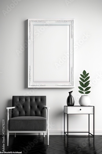 Un cadre photo vide blanc maquette minimaliste sur un mur avec des meubles en arri  re-plan.