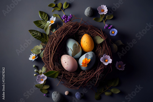 Colorful eggs in nest and flowers tulips on brown wooden background. Generative Ai