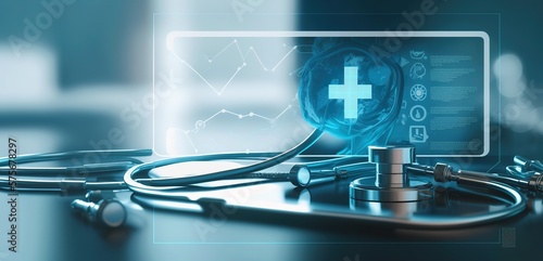medical theme background with stethoscope and medical symbols, generative AI