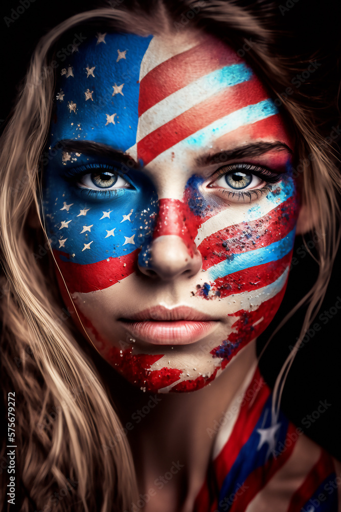 Frontal portrait of a beautiful young woman with USA national flags color painting on her face - AI generative