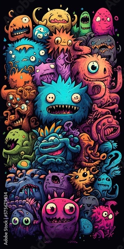 Beaucoup de monstres drôles dans le style d'art doodle avec beaucoup de couleurs. Idéal comme fond d'écran. © MiniMaxi