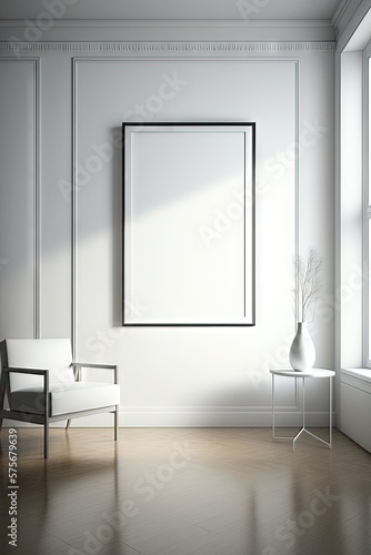 Un cadre photo vide blanc maquette minimaliste sur un mur avec des meubles en arri  re-plan.