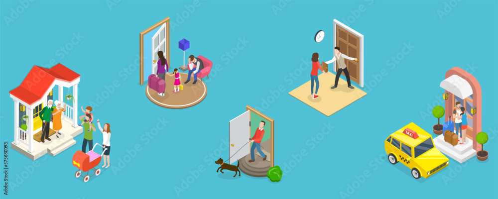 3D Isometric Flat Vector Conceptual Illustration of Set Of People Leaving Home, Goodbye on House Doorstep