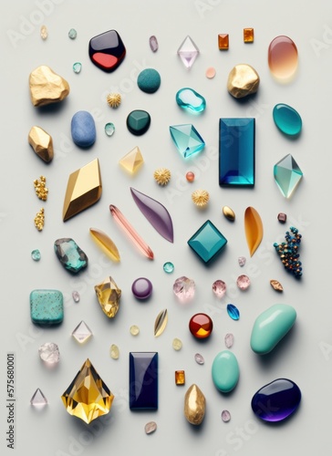 Top view of set of gemstones including fine gem, jewel and precious stone. Minimalistic, flat lay, overhead view, copy space. Generative AI. photo