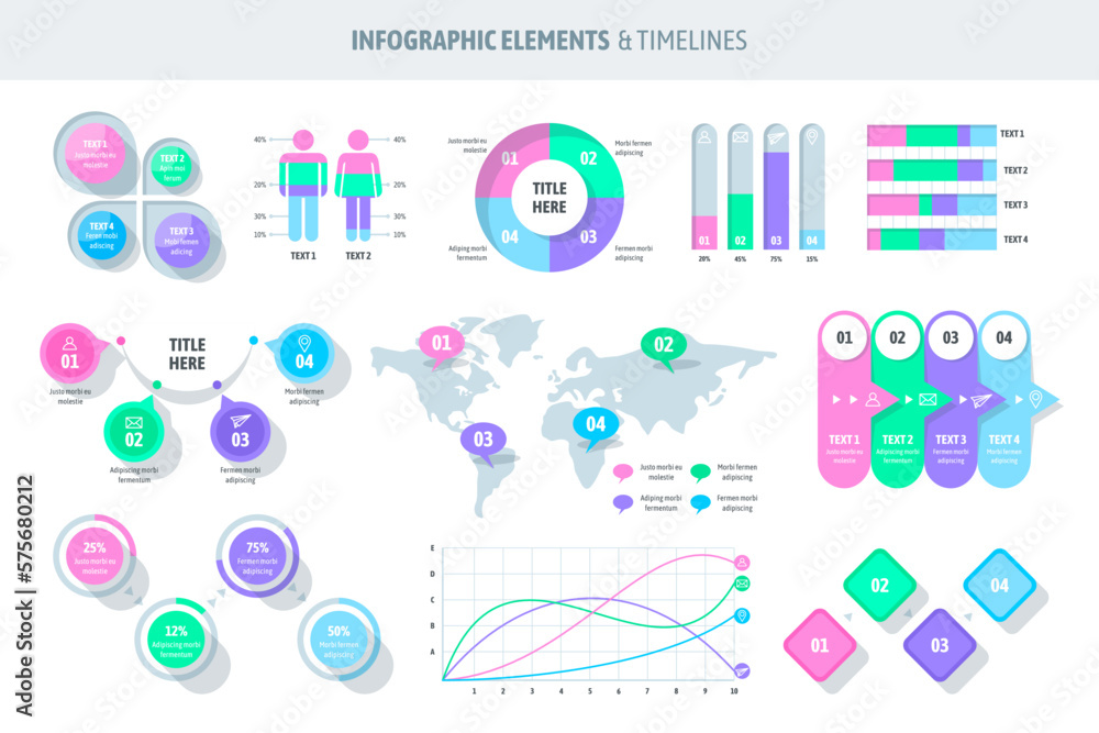 Conjunto de elementos vectoriales, lineas de tiempo e hitos infográficos de negocios