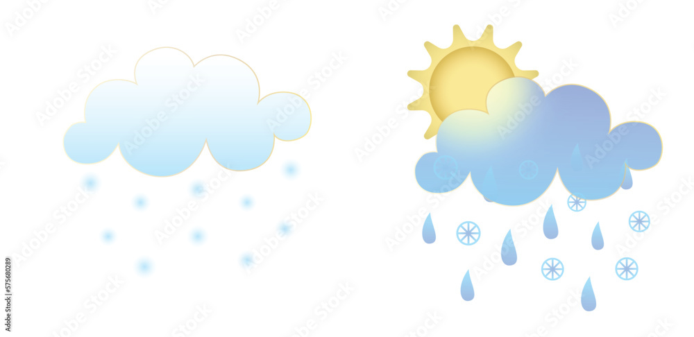 Set of weather icons. Glassmorphism style symbols for meteo forecast app. Elements Isolated on white background. Day winter autumn season sings. Sun, rain and snow clouds. Vector illustrations