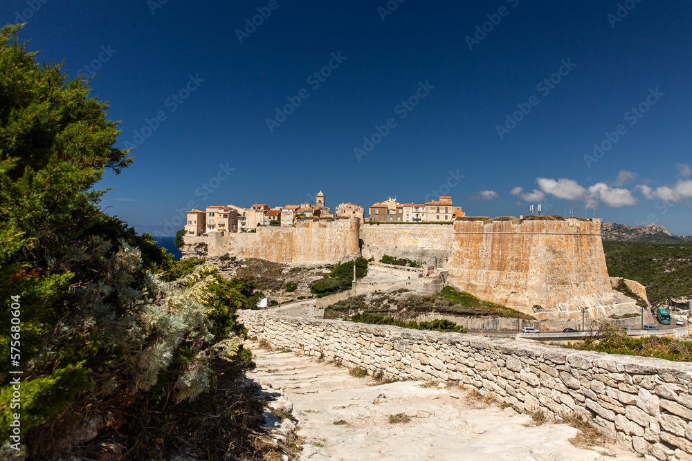 View the Old Town of Bonifacio, the limestone cliff, South Coast of Corsica Island, France