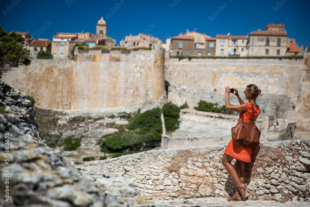 View the Old Town of Bonifacio, the limestone cliff, South Coast of Corsica Island, France